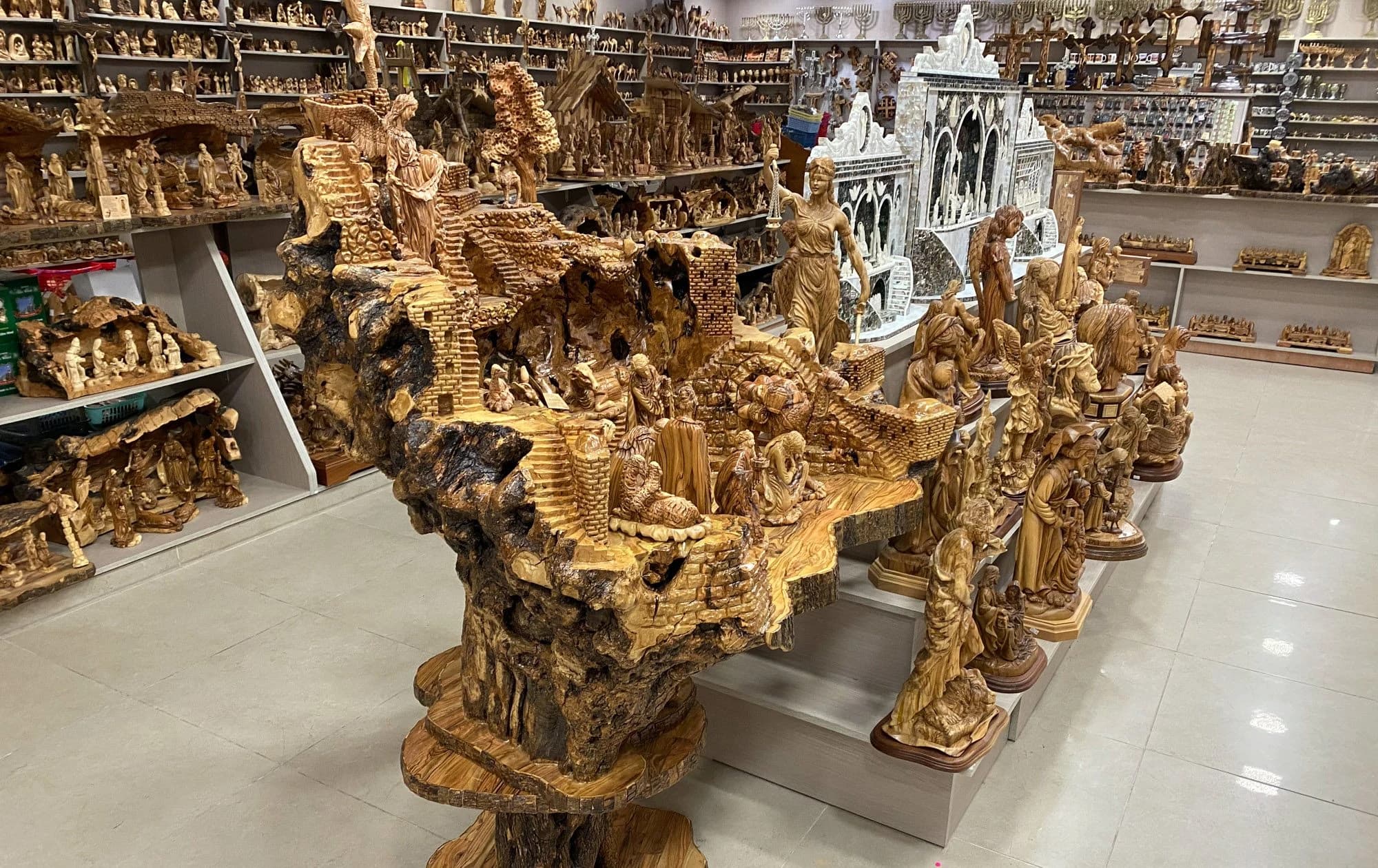 Olive wood carvings on display in our shop
