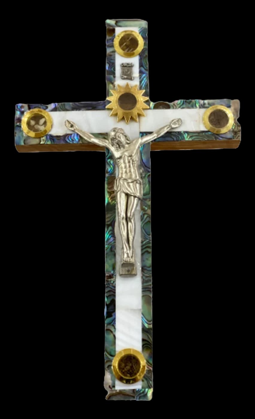 Olive wood crucifix inlaid with mother of pearl and abalone, with four gilt medallions