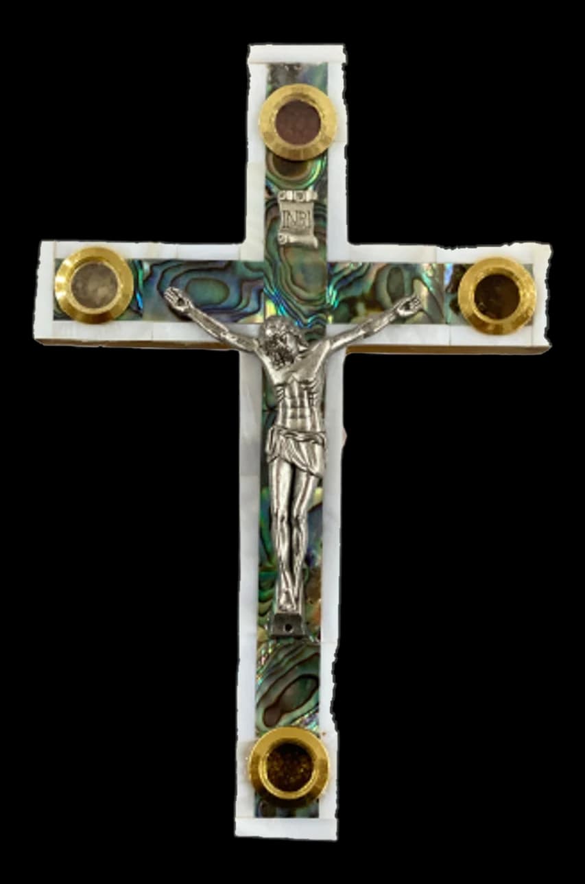 Small olive wood crucifix inlaid with mother of pearl and abalone
