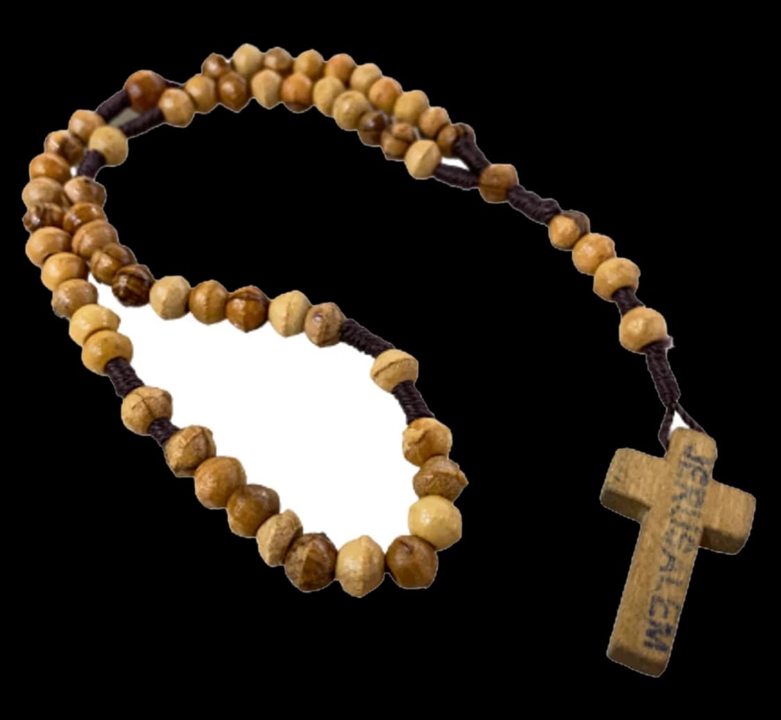 Olive wood rosary on a dark cord with a small wooden cross
