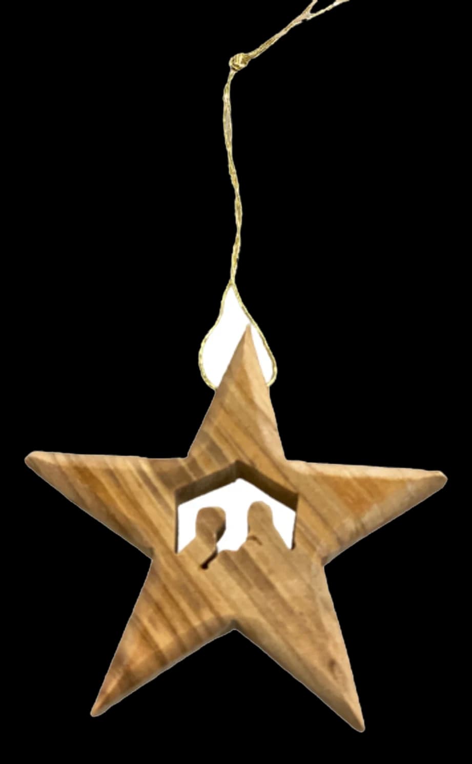 Olive wood star ornament with a cut-out silhouette of the Holy Family
